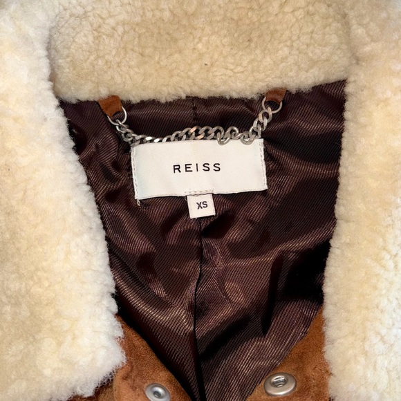 REISS Tobacco Brown Suede Leather Trucker Jacket Shearing Collar Extra Small XS - Picture 2 of 14